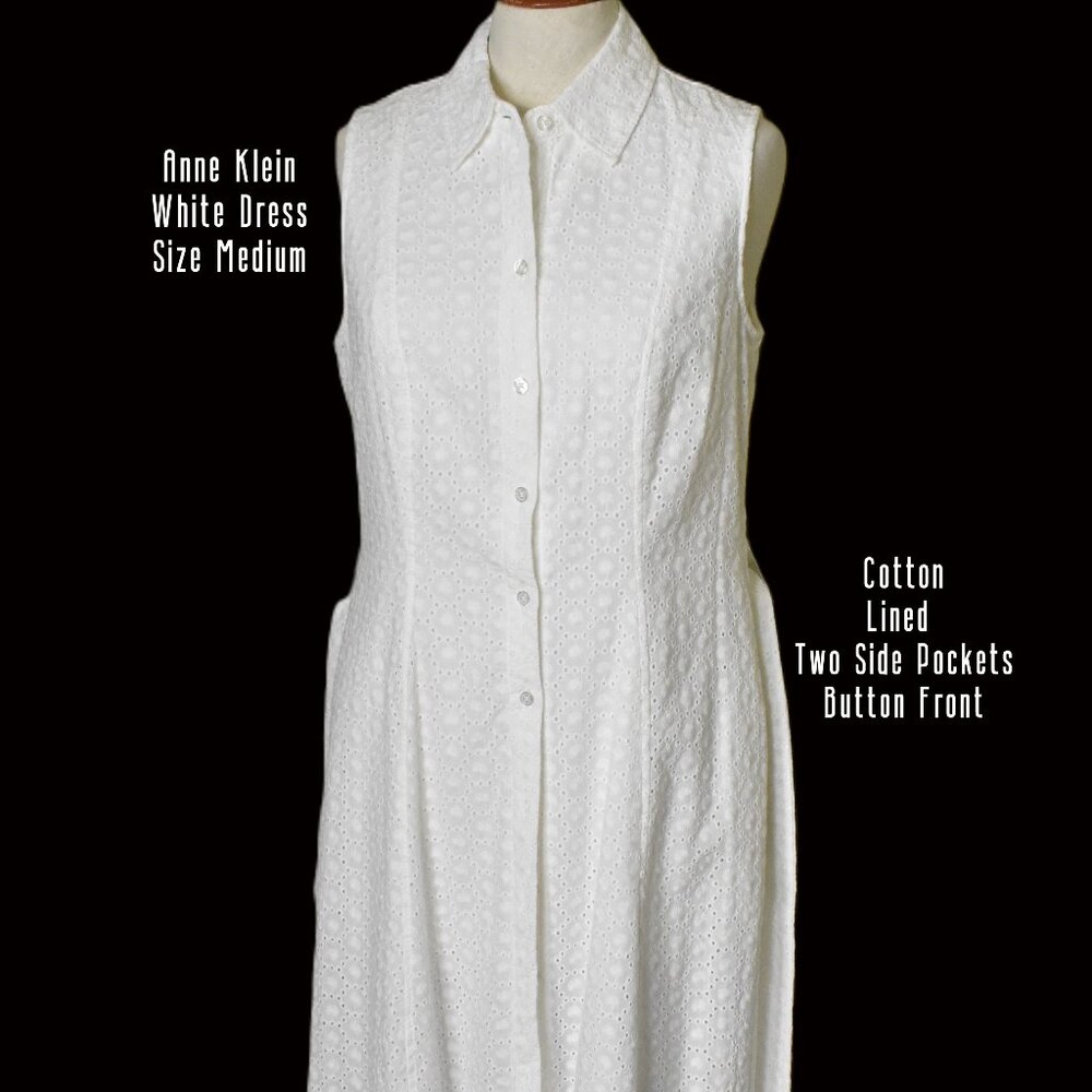 ANNE KLEIN Dress White M Lined Side Pockets Cotton Sleeveless
